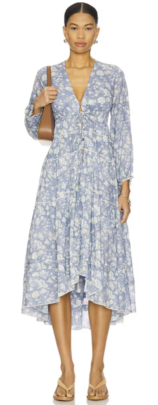 Free People Sz Estimate S/M Plunge Neck Button Front Pappiet Midi Dress OS31-34